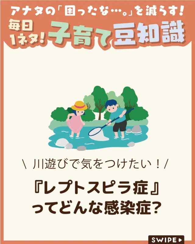 【『レプトスピラ症』ってどんな感染症？】

夏の楽しみの一つ、川遊び😊

自然の中で涼しく過ごせる一方、
川の水を介して感染する
「レプトスピラ症」には注意が必要です😱

重症化すると命に関わることもあるため、
川遊びの際に知っておきたい感染症の一つ😲

今回は、レプトスピラ症の症状や予防法、
川遊び後に発熱などがあった場合の
対処法についてご紹介します。

ぜひ参考にしてみてくださいね👶🏻👧🏻👦🏻💕
.
.
꧁————————————————꧂

LEYON公式インスタグラムでは
アイテムやお得情報・子育てについてのコラムを更新中！

check!▷▶@leyon.official
プロフィールから商品詳細ページが確認できます👆

気になる投稿は保存で後からチェック✅
フォロー・いいねお待ちしております💕
꧁————————————————꧂

#LEYON #川遊び #夏のお出かけ #レプトスピラ症 #夏の安全対策