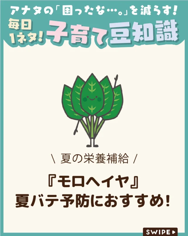 【『モロヘイヤ』夏バテ予防におすすめ！】

暑さが続くと疲れがたまり、
食欲が落ちてしまうこともありますよね😵

食事量が減ると栄養不足につながり、
夏バテが心配になることも🥵

今回は、夏の栄養補給におすすめの食材
「モロヘイヤ」について、
栄養や取り入れ方をご紹介します。

ぜひ参考にしてみてくださいね👶🏻👧🏻👦🏻💕
.
.
꧁————————————————꧂

LEYON公式インスタグラムでは
アイテムやお得情報・子育てについてのコラムを更新中！

check!▷▶@leyon.official
プロフィールから商品詳細ページが確認できます👆

気になる投稿は保存で後からチェック✅
フォロー・いいねお待ちしております💕
꧁————————————————꧂

#LEYON #モロヘイヤ #夏バテ対策 #夏野菜 #子どもの食事